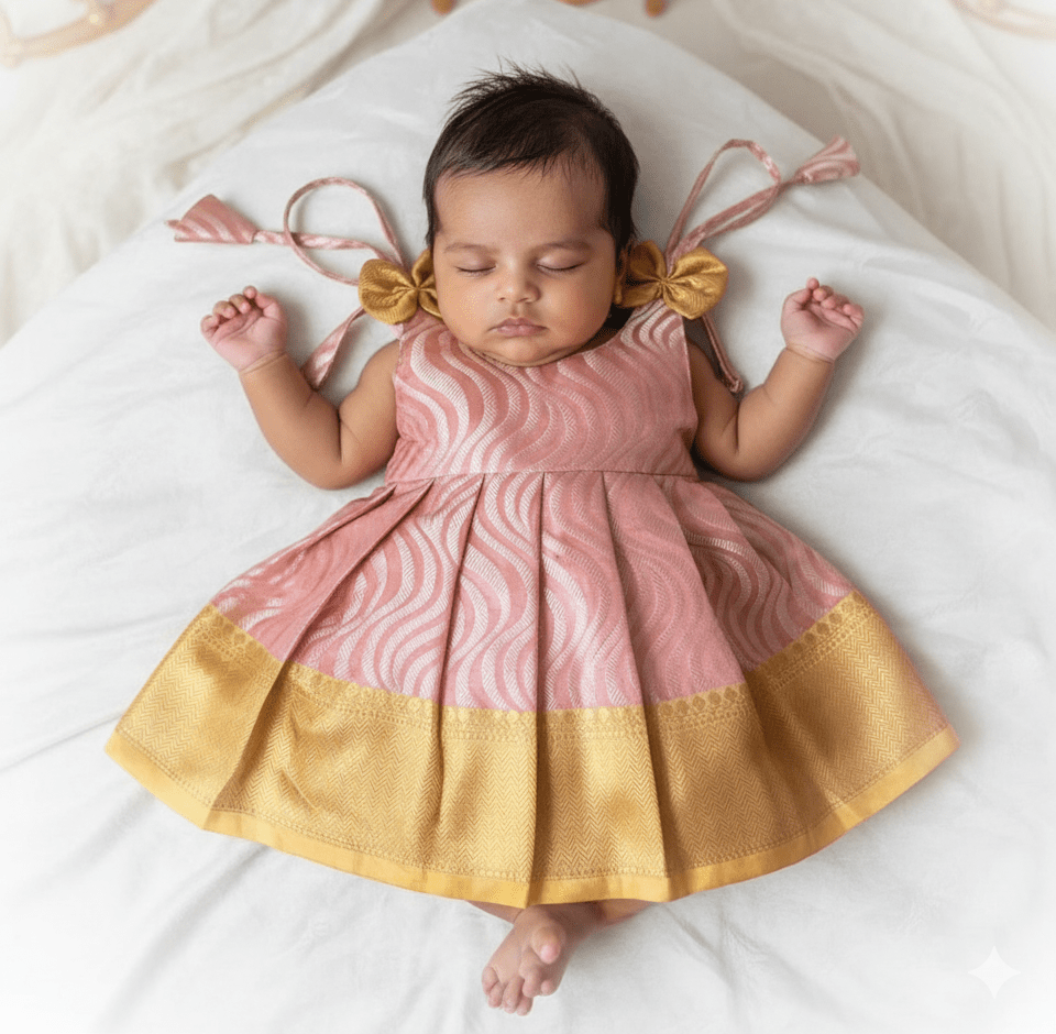 New Born Pink with Gold Banarasi Silk Frock LF1612 - Prince N Princess