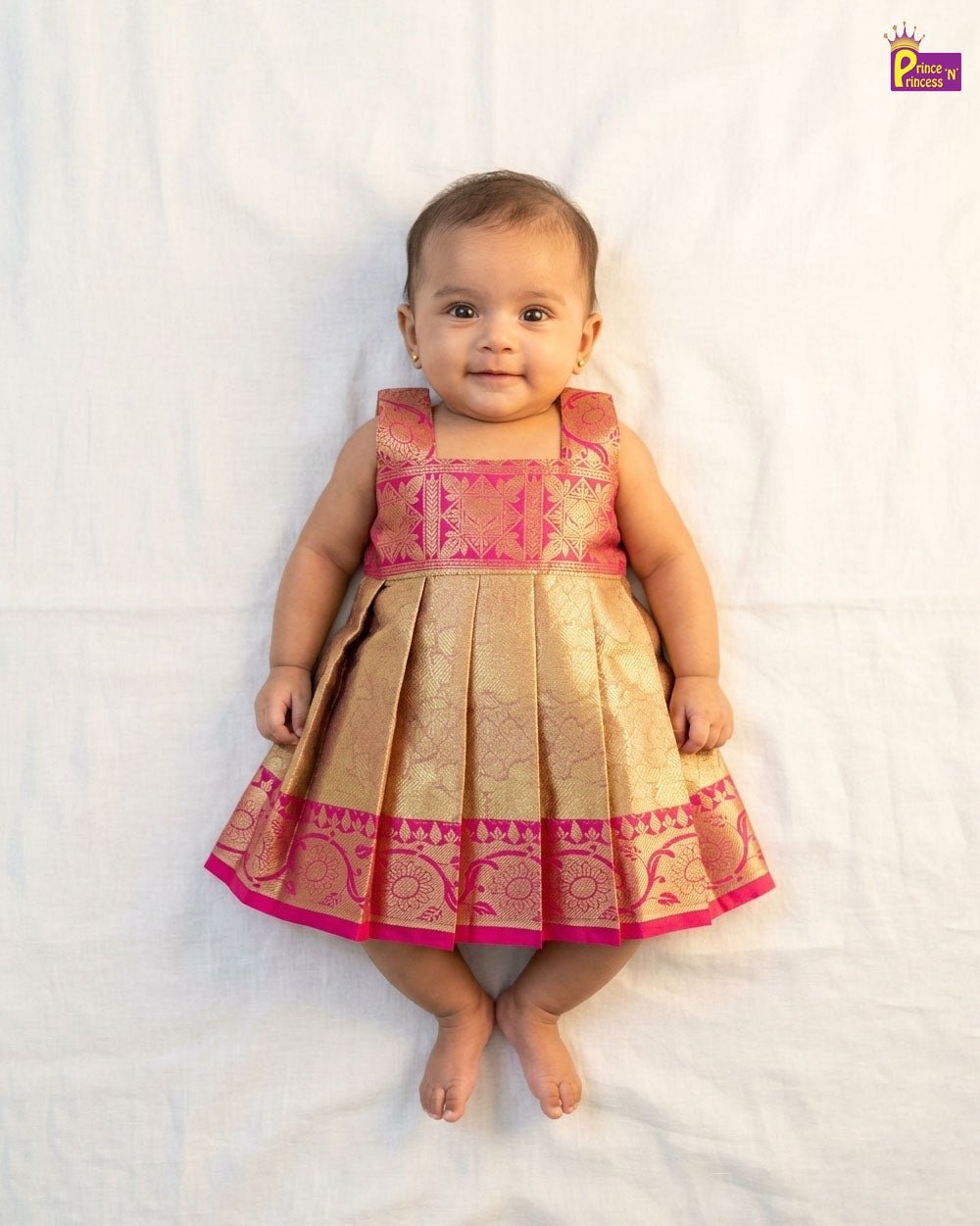 New Born Pink With Golden Banarasi Silk Frock LF1768 - Prince N Princess