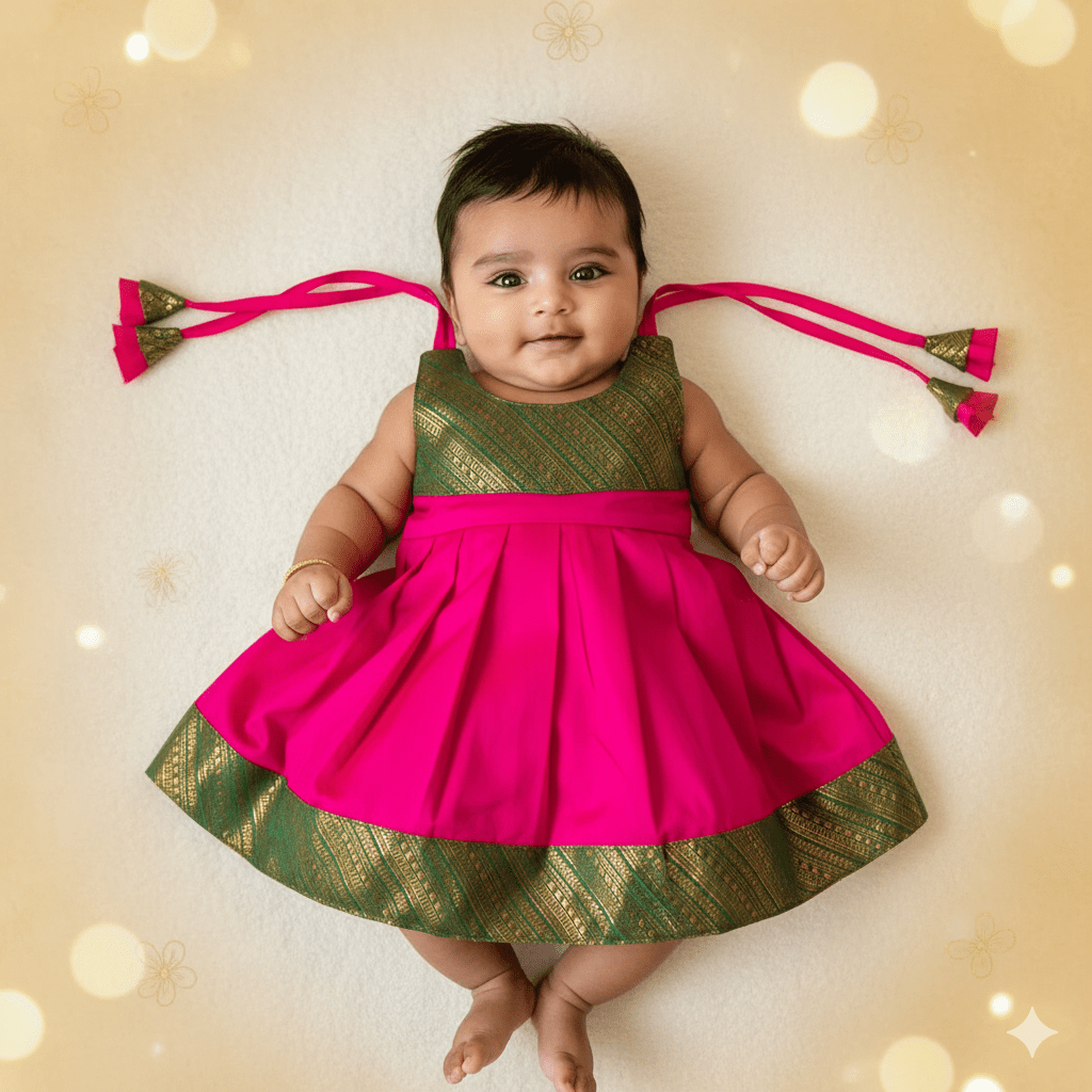 New Born Pink with Green Border Raw Silk Frock LF1639 - Prince N Princess