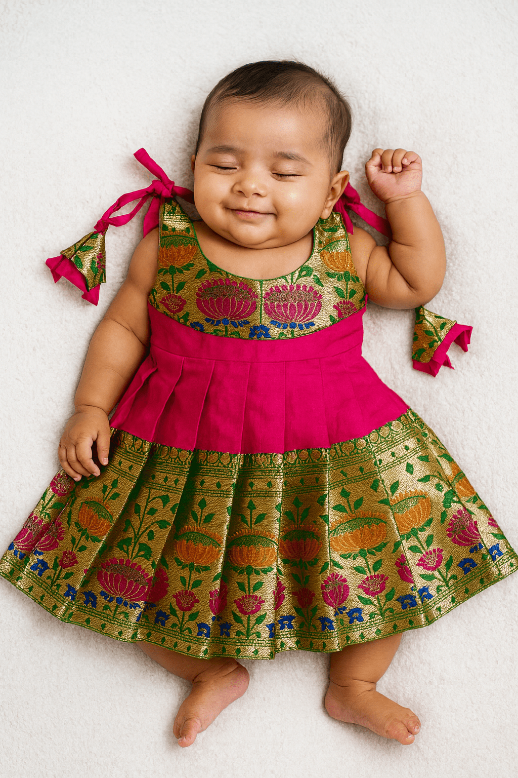 New Born Pink With Green Raw Silk Frock LF1587 - Prince N Princess