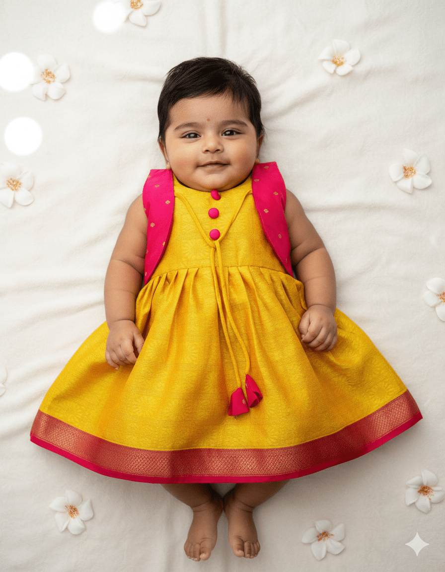 New Born Pink Yellow Raw Silk Frock LF326 - Prince N Princess