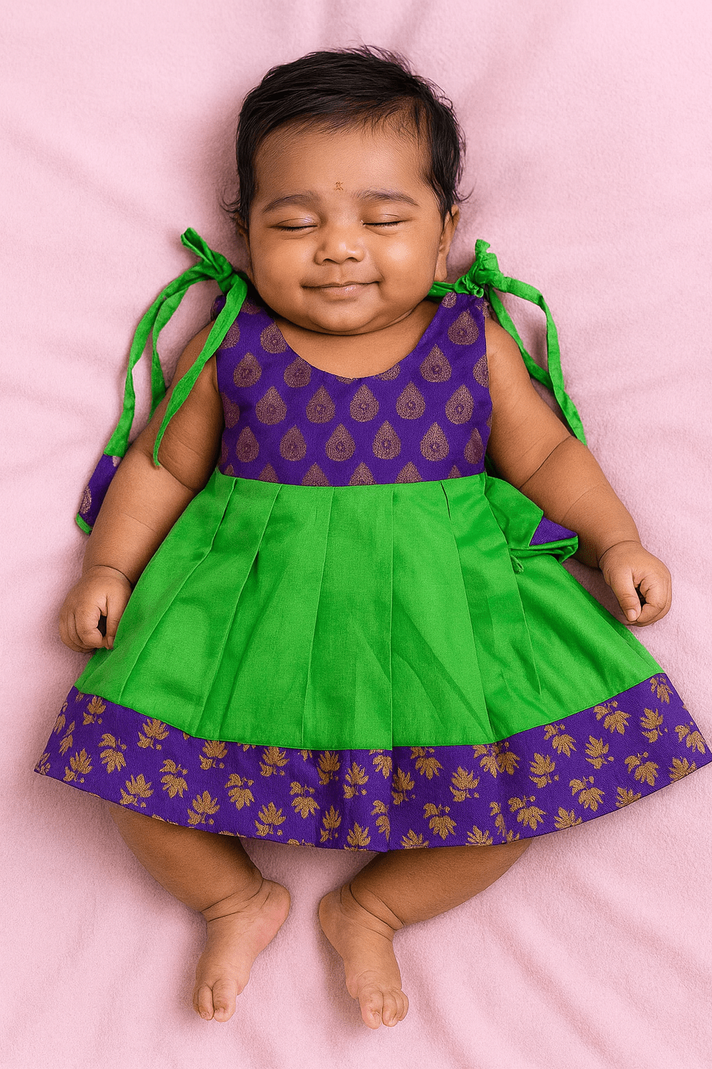 New born Purple & Green Raw Silk Frock LF028 - Prince N Princess