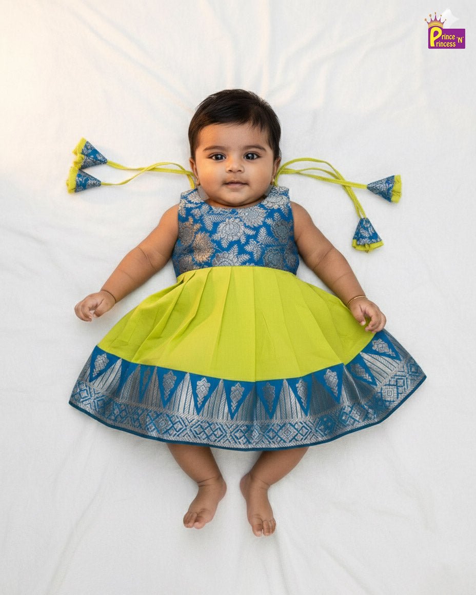 New Born Raw Silk Frock Green with Blue LF1750 - Prince N Princess