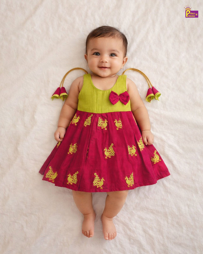 New Born Raw Silk Frock Green with Pink LF1773 - Prince N Princess