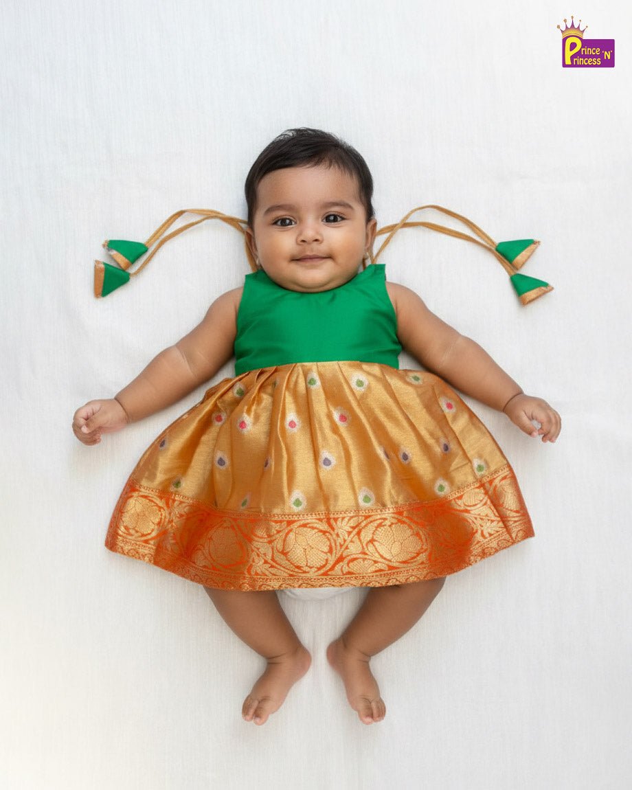 New Born Raw Silk Frock Green with Yellow LF1728 - Prince N Princess