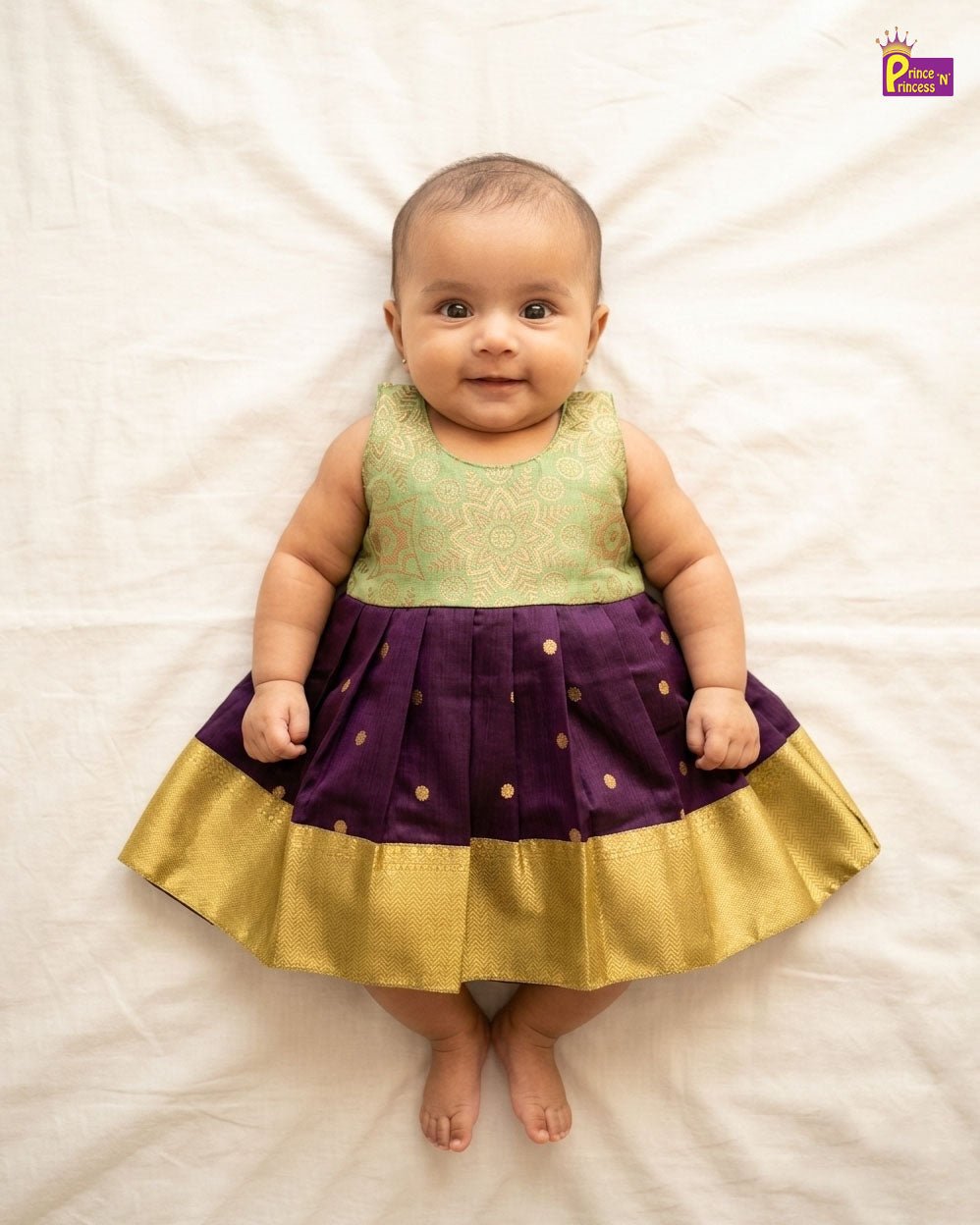 New Born Raw Silk Frock Pista Green with Purple LF1769 - Prince N Princess