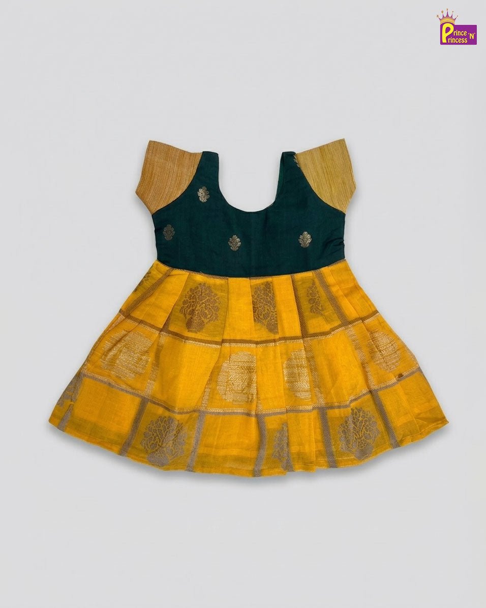New Born Raw Silk Frock Yellow with Green LF1763 - Prince N Princess