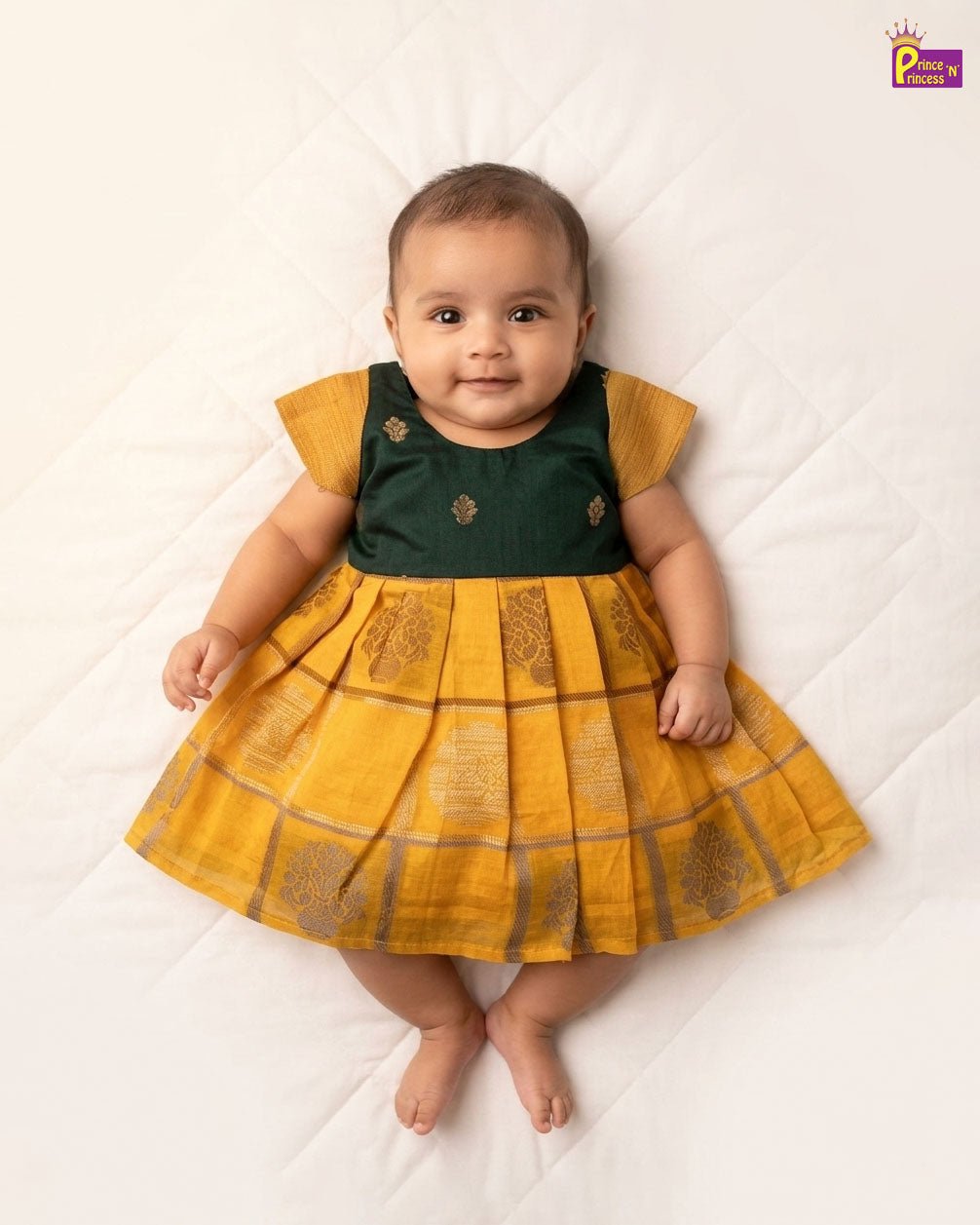 New Born Raw Silk Frock Yellow with Green LF1763 - Prince N Princess