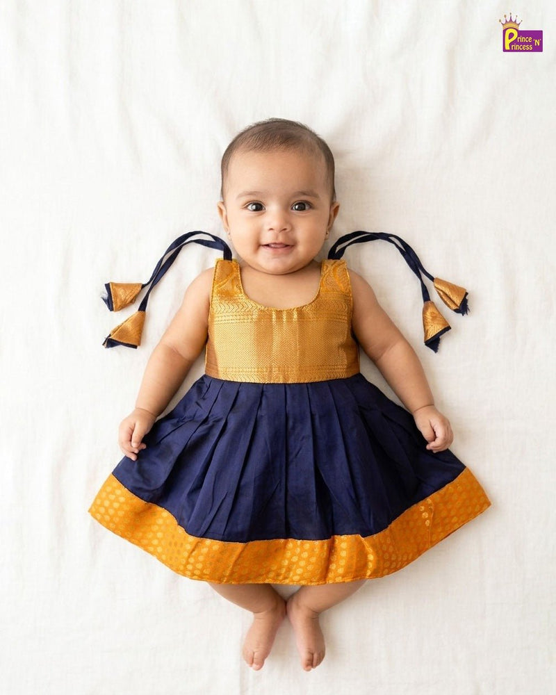 New Born Raw Silk Frock Yellow With Navy BlueLF1753 - Prince N Princess