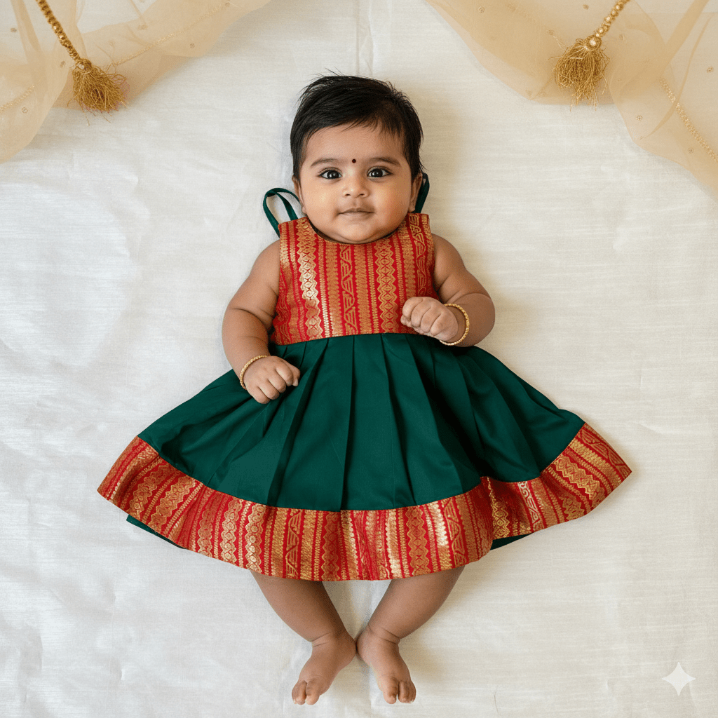 New Born Red and Green Banarasi Silk Frock LF1634 - Prince N Princess