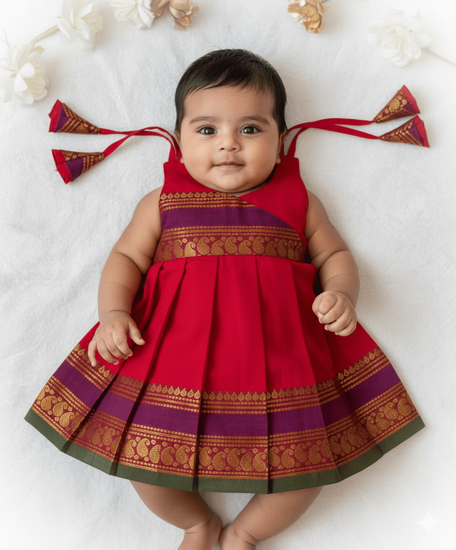 newborn chettinad cotton frock red v neck baby comfort dress princenprincess
