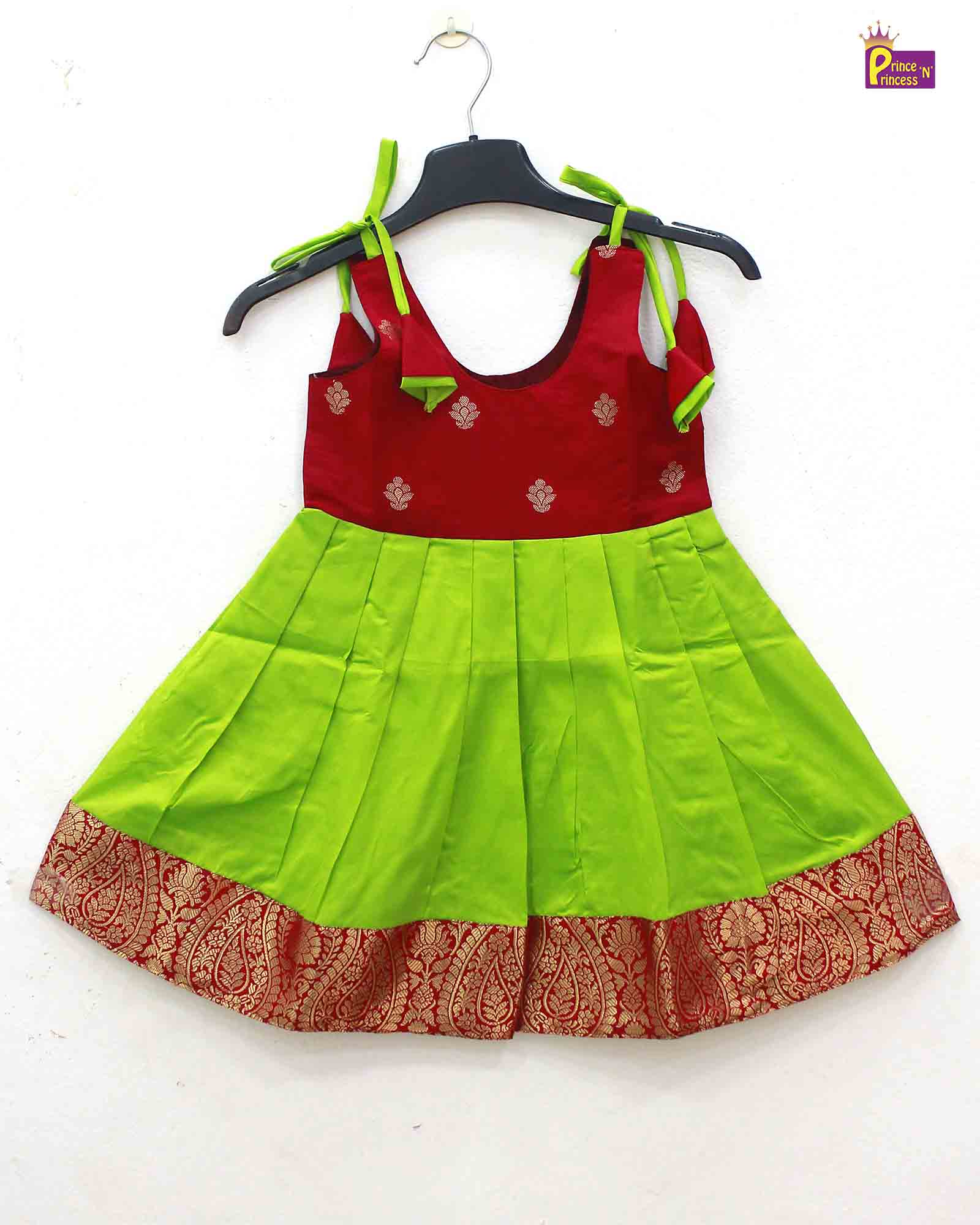 New Born Red Green Raw Silk Knot Type Frock LF637 - Prince N Princess