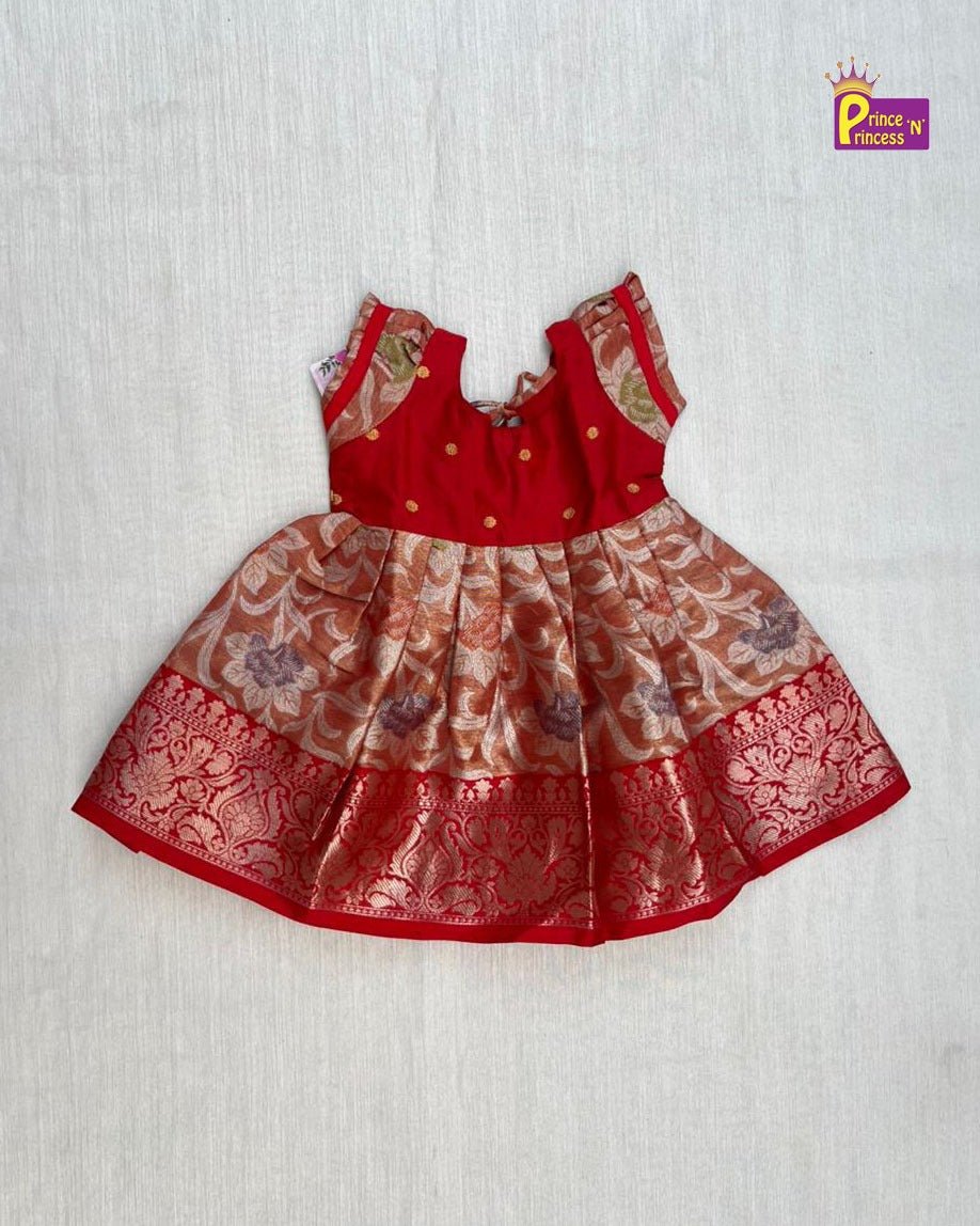 New Born Red Leaf Design Silk Knot Type Frock LF1305 - Prince N Princess