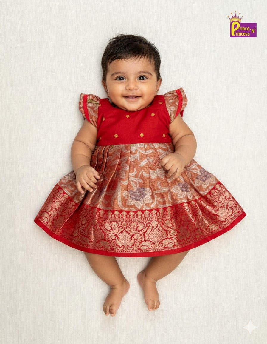 New Born Red Leaf Design Silk Knot Type Frock LF1305 - Prince N Princess