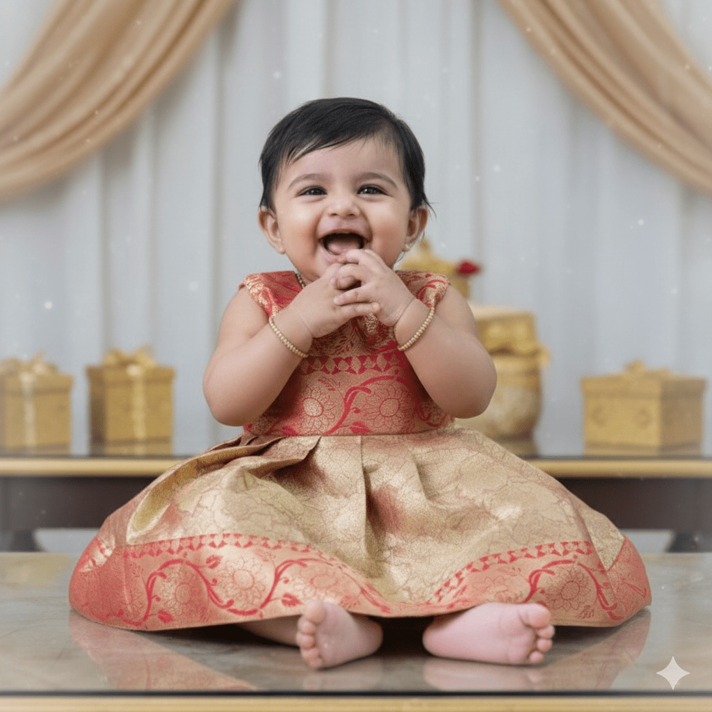 New Born Red With Golden Banarasi Silk Frock LF1631 - Prince N Princess