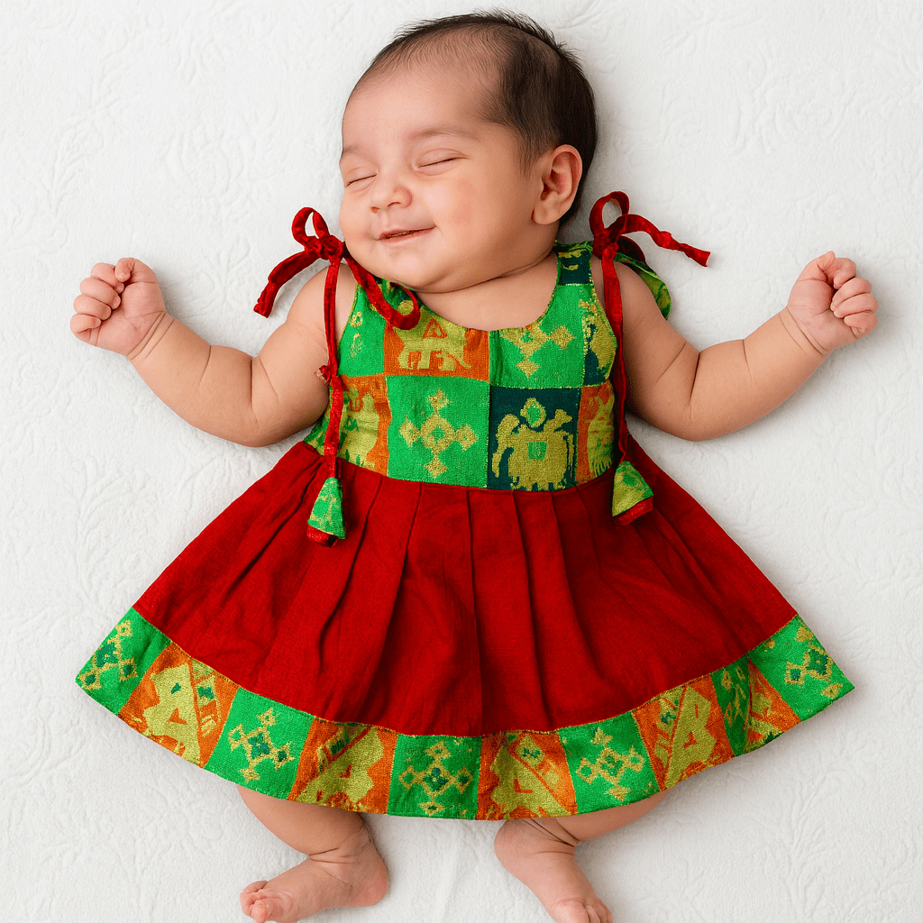 New Born Red With Green Raw Silk Frock LF1309 - Prince N Princess