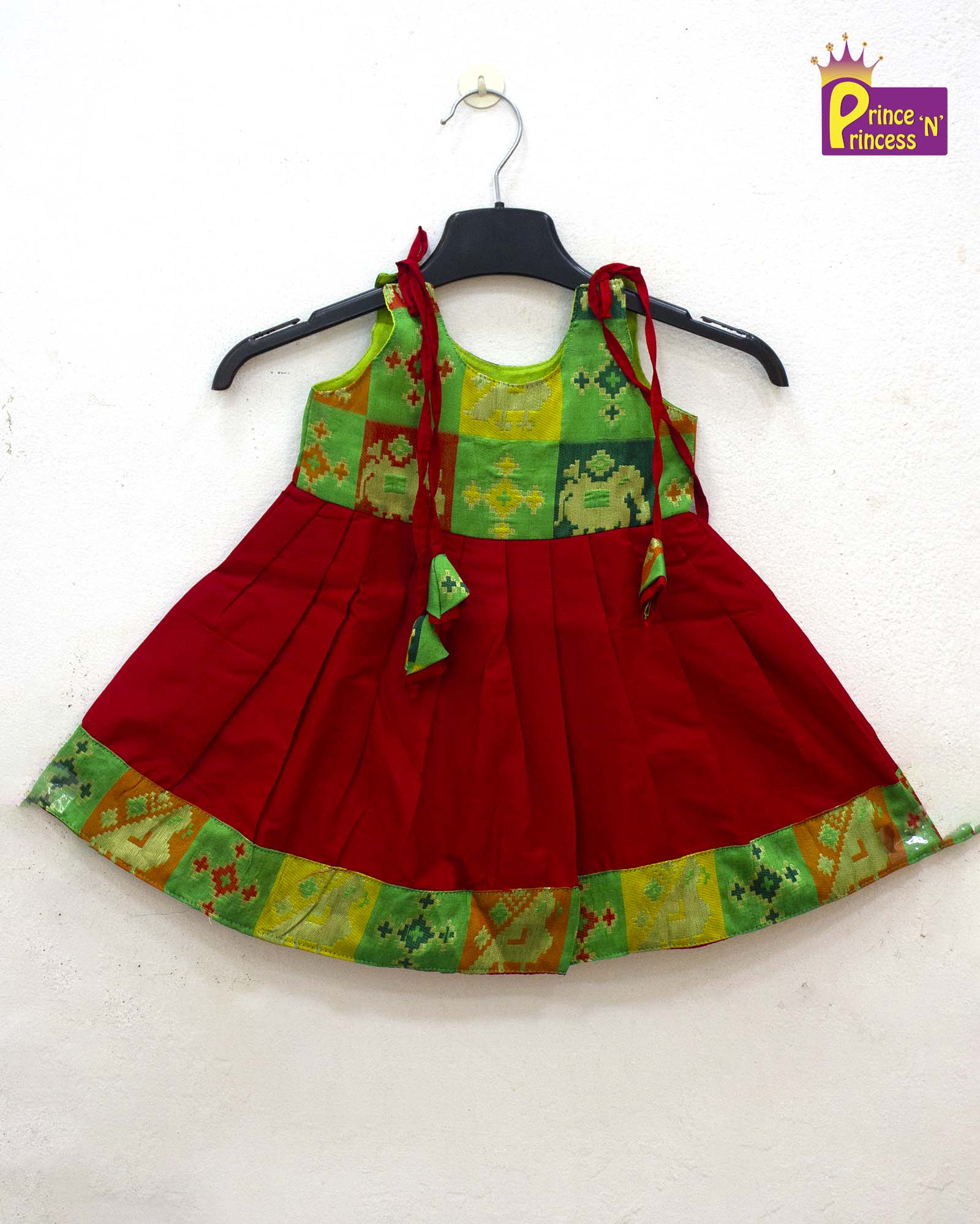 New Born Red With Green Raw Silk Frock LF1309 - Prince N Princess