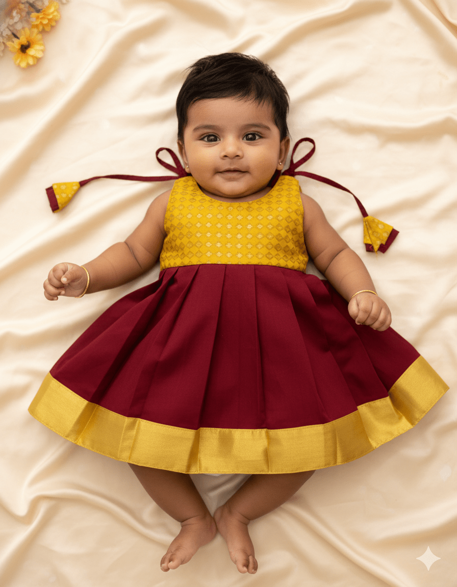 New born Yellow And Maroon Raw Silk Frock LF1583 - Prince N Princess