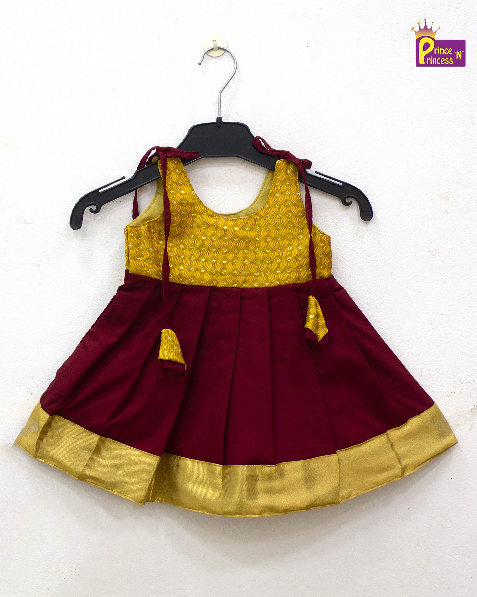 New born Yellow And Maroon Raw Silk Frock LF1583 - Prince N Princess