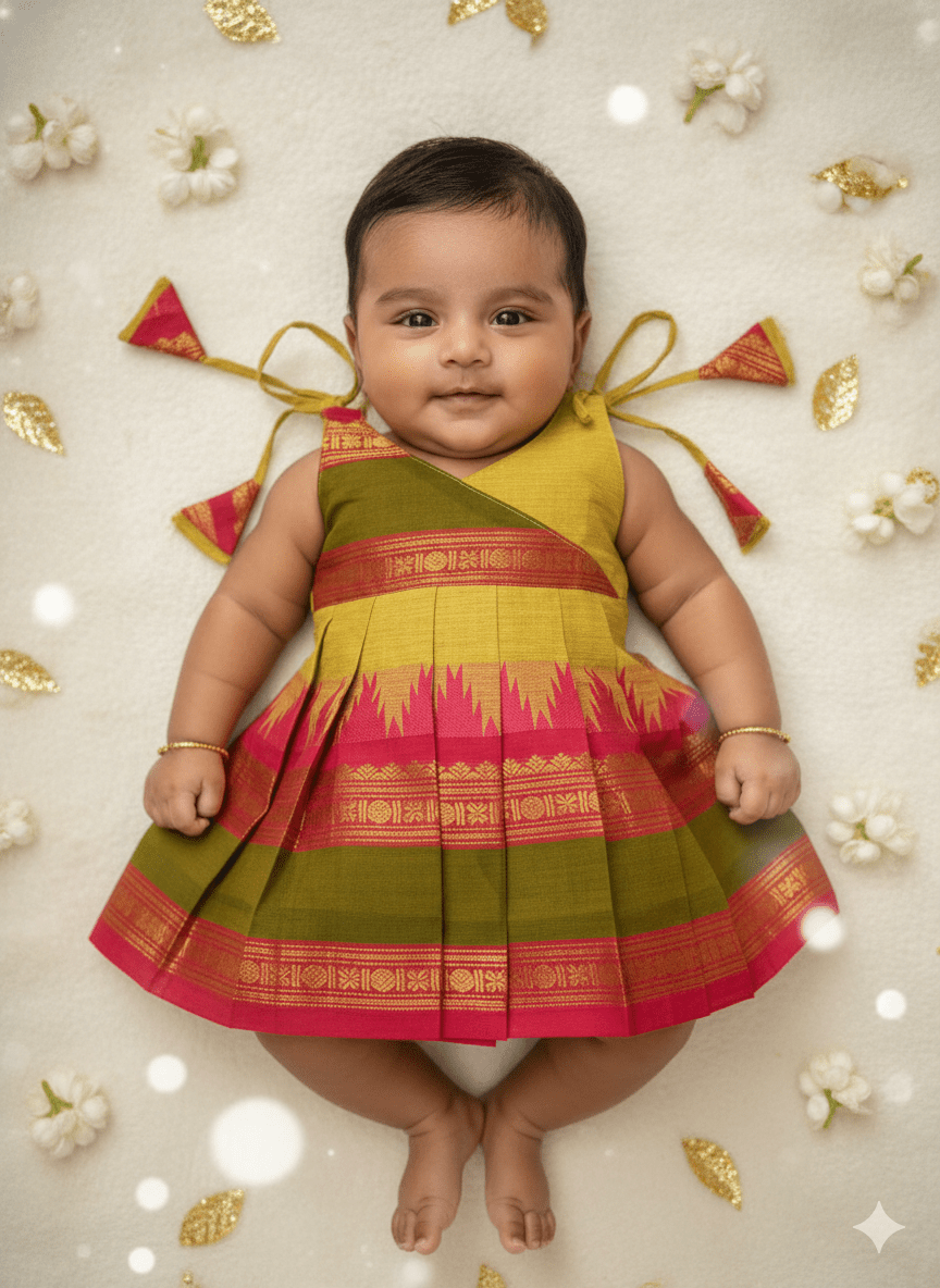 New Born Yellow Pink Chettinad Cotton Frock LF1687 - Prince N Princess