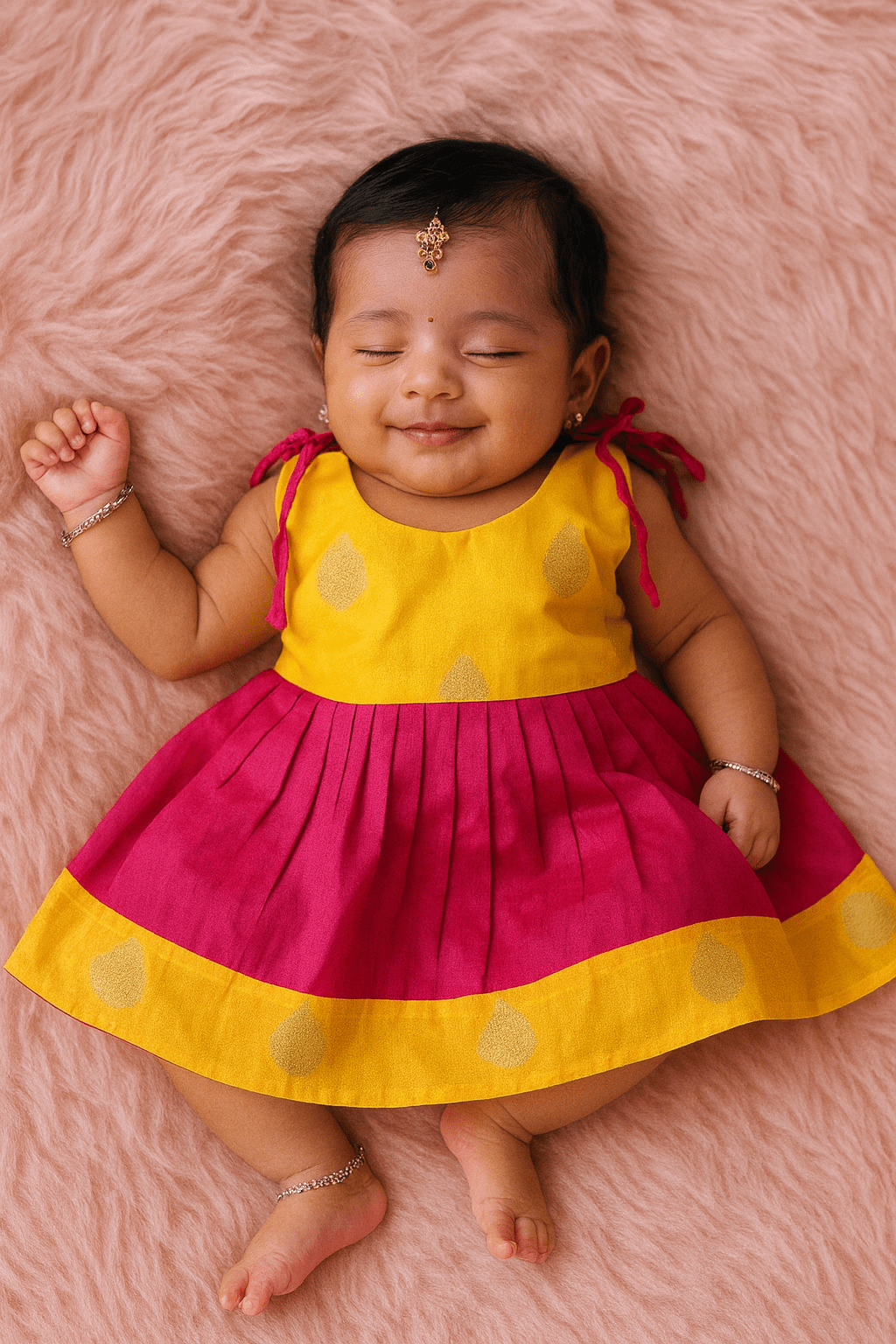 New born Yellow Pink Knot Frock LF629 for kids festival wear