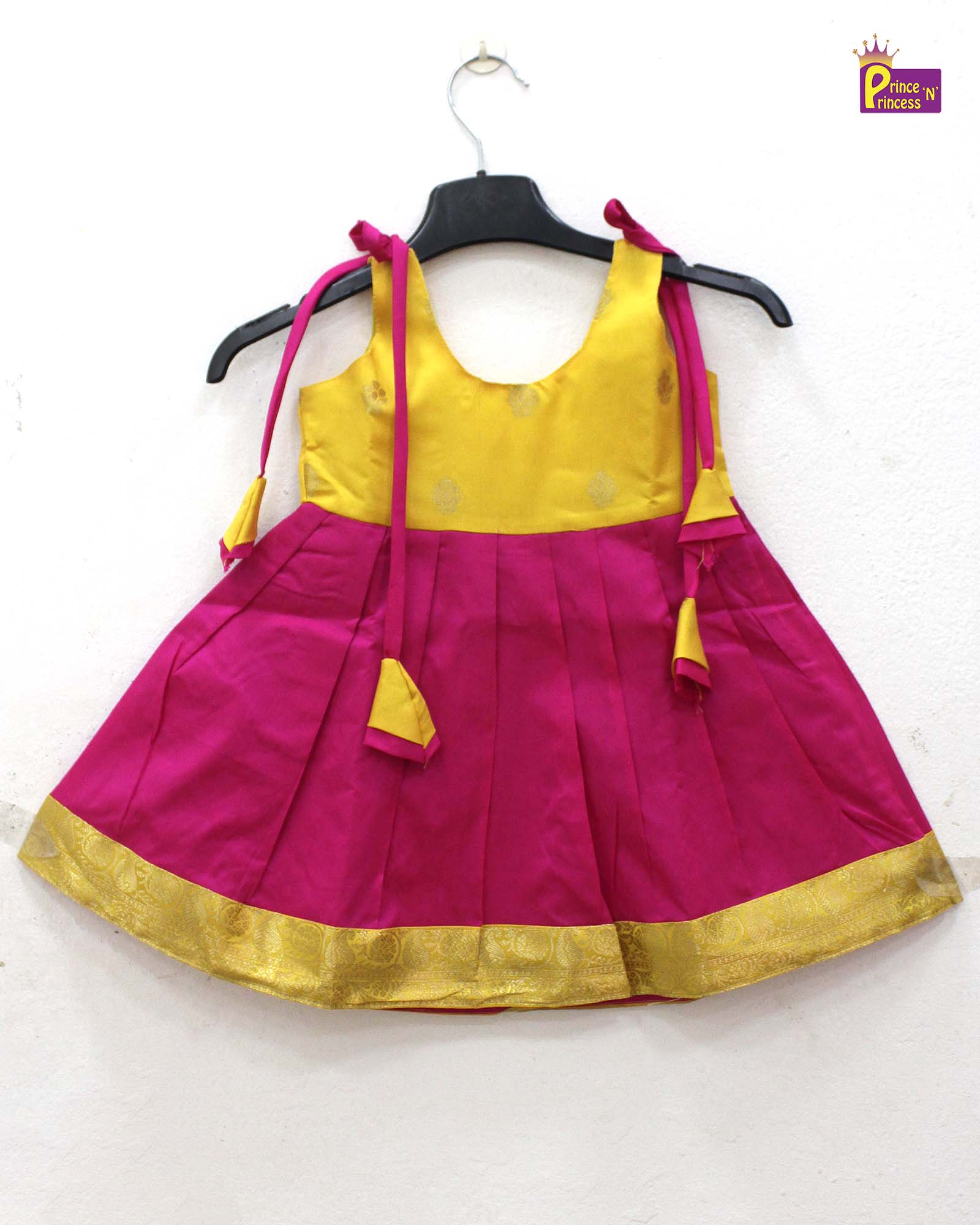 New born Yellow & Pink Raw Silk Frock LF859 - Prince N Princess
