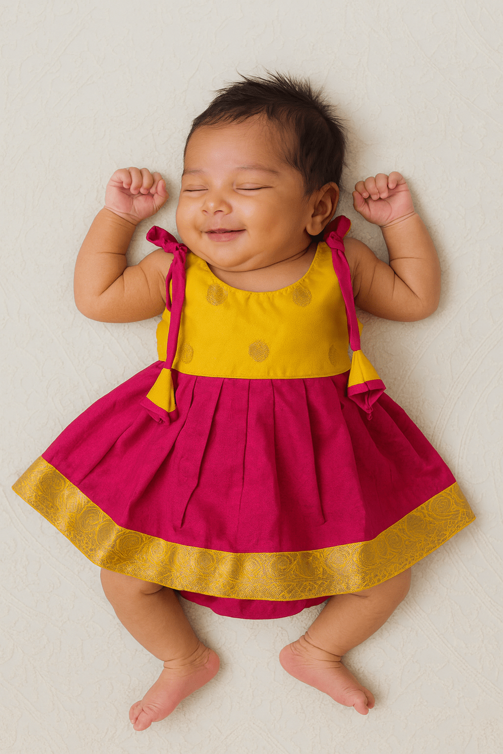 New born Yellow & Pink Raw Silk Frock LF859 - Prince N Princess