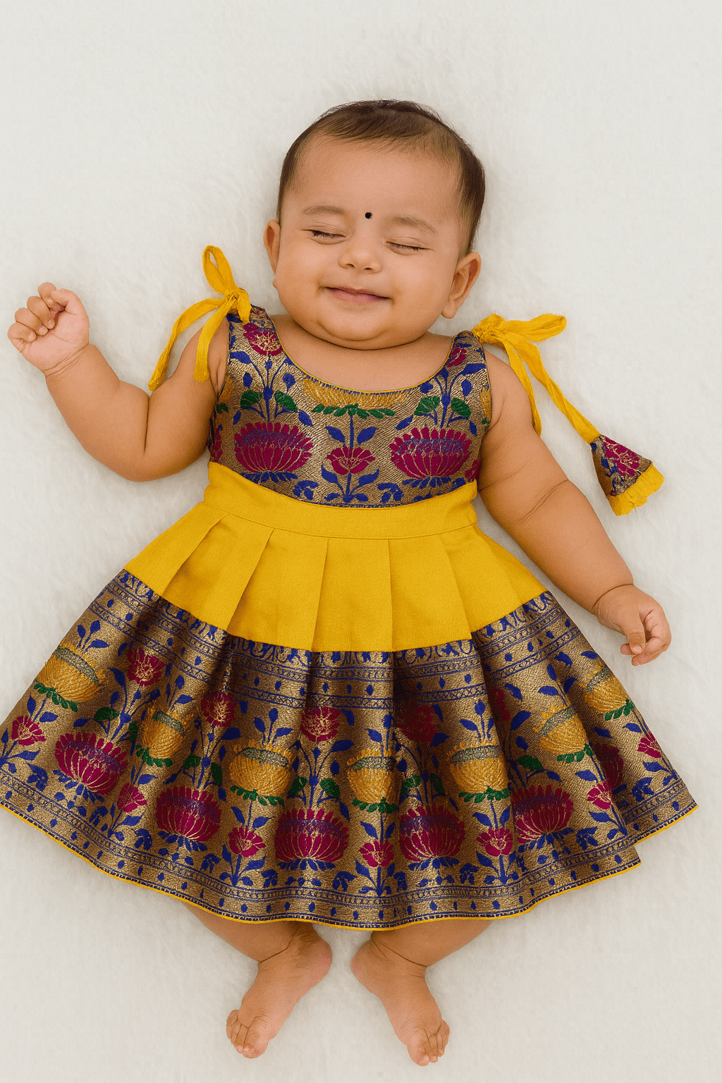 New Born Yellow With Blue Raw Silk Frock LF1589 - Prince N Princess