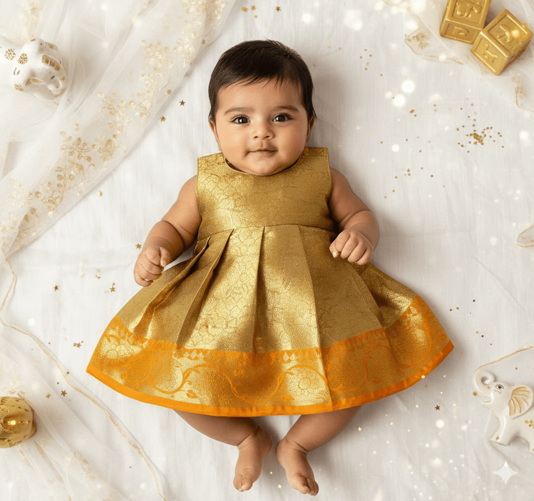 New Born Yellow with Gold Banarasi Silk Knot Type Frock LF1627 - Prince N Princess