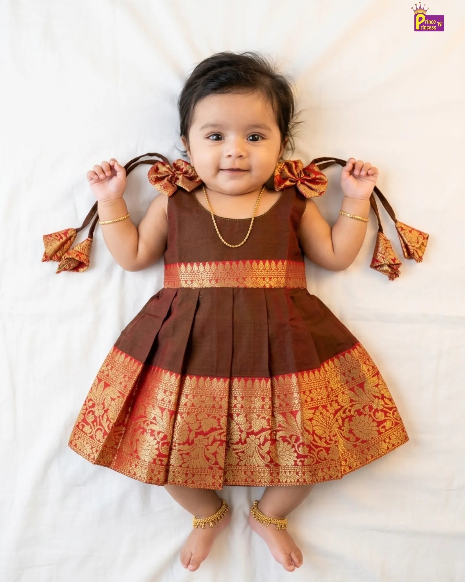 Newborn Baby Girl Brown Kanjivaram Silk Pattu Frock LF1938 for kids festival wear