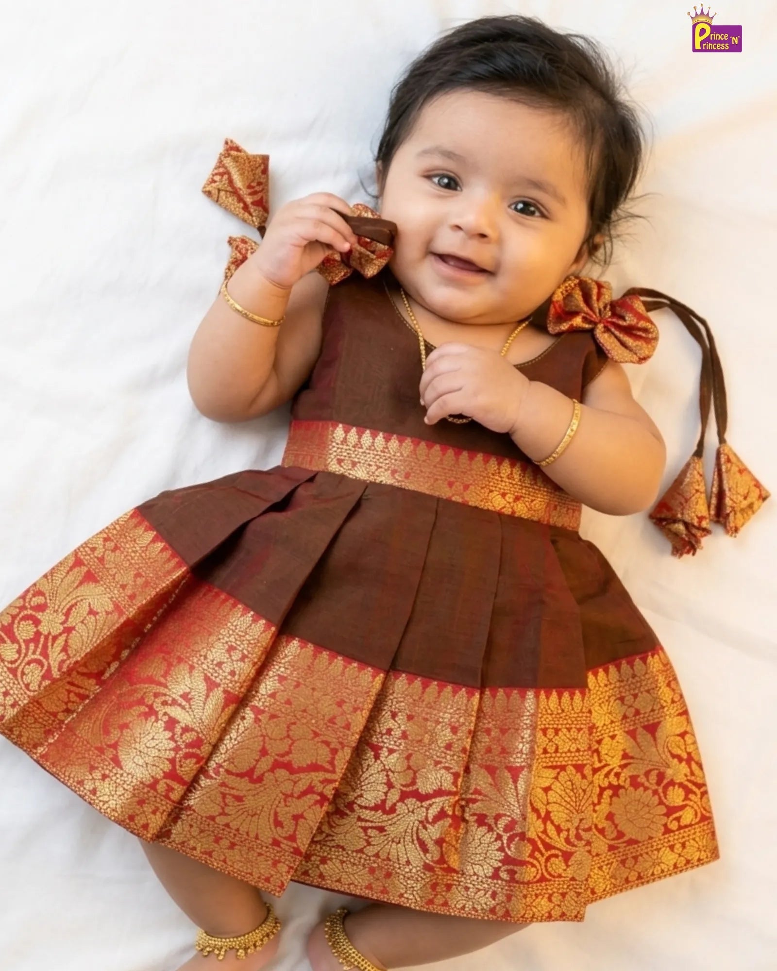Newborn Baby Girl Brown Kanjivaram Silk Pattu Frock LF1938 for kids festival wear