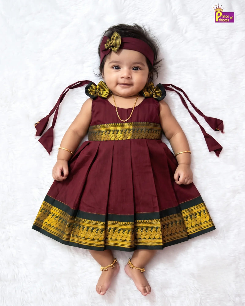Newborn Baby Girl Deep Maroon Kalyani Cotton Zari Frock + Headband LF2062 for kids festival wear