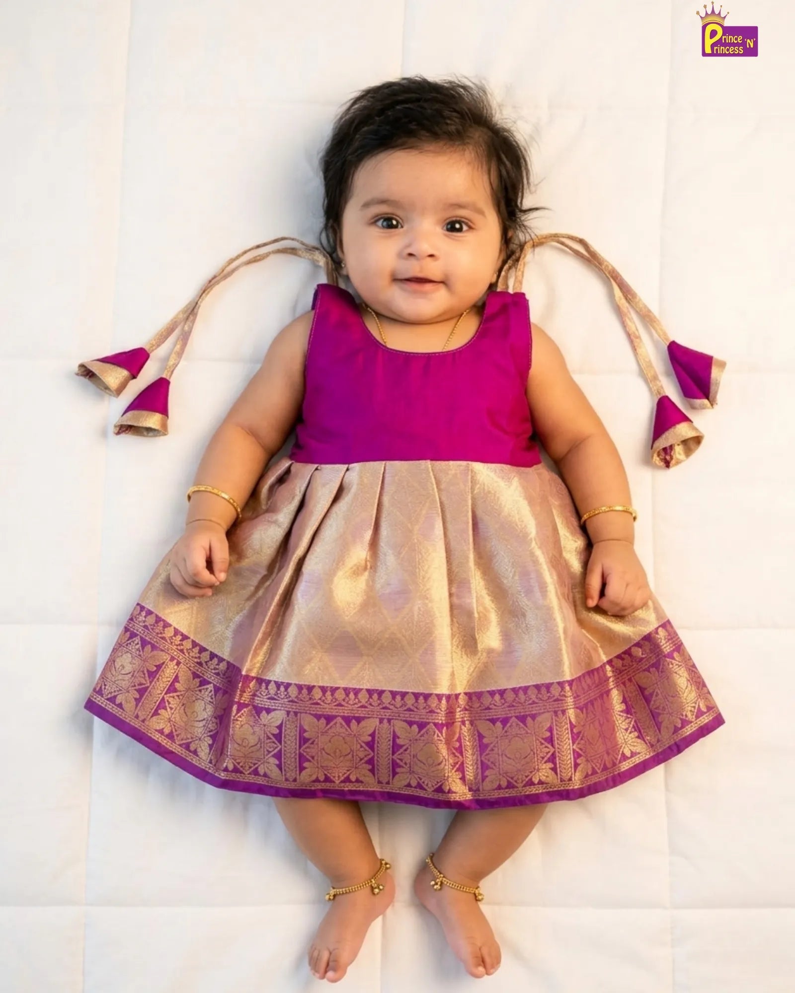 Newborn Baby Girl Golden Pink Banarasi Silk Pattu Frock – LF1882 for kids festival wear