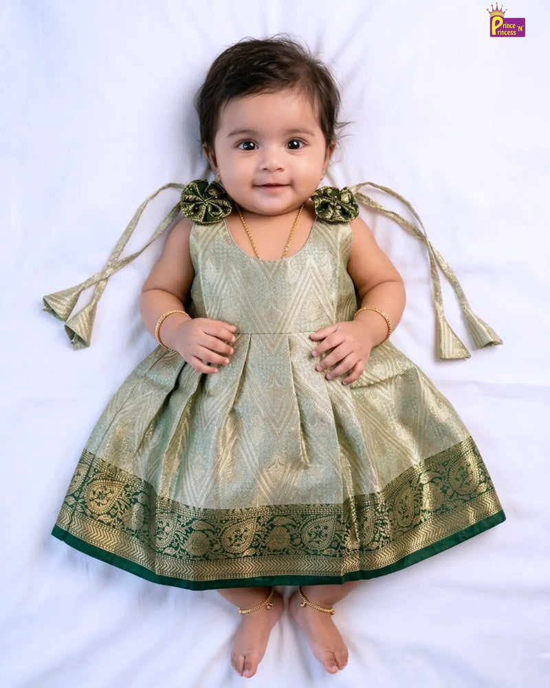 green banarasi pattu frock for newborn girl