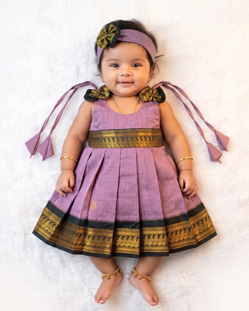 Newborn Baby Girl Lilac & Dark Green Kalyani Cotton Zari Frock + Headband LF2060 for kids festival wear