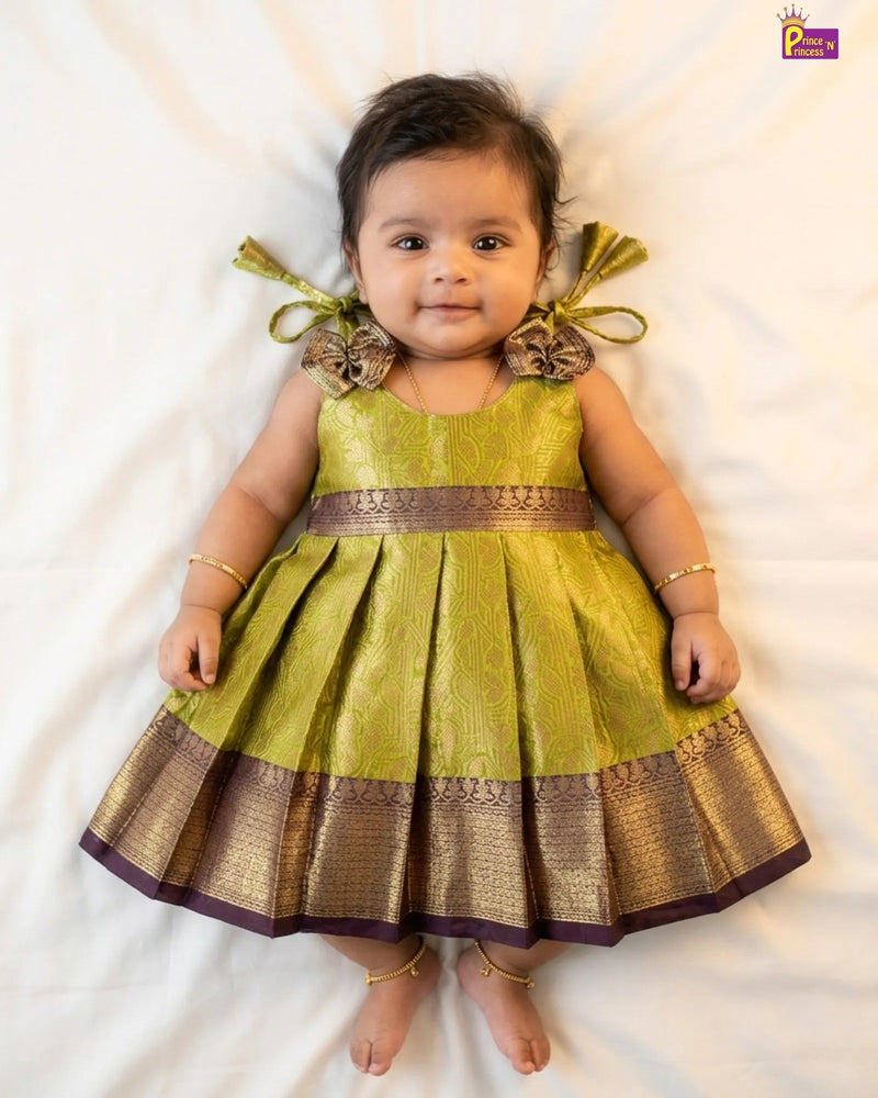 Newborn Baby Girl Lime Green Banarasi Silk Pattu Frock – Naming Dress LF1940 for kids festival wear