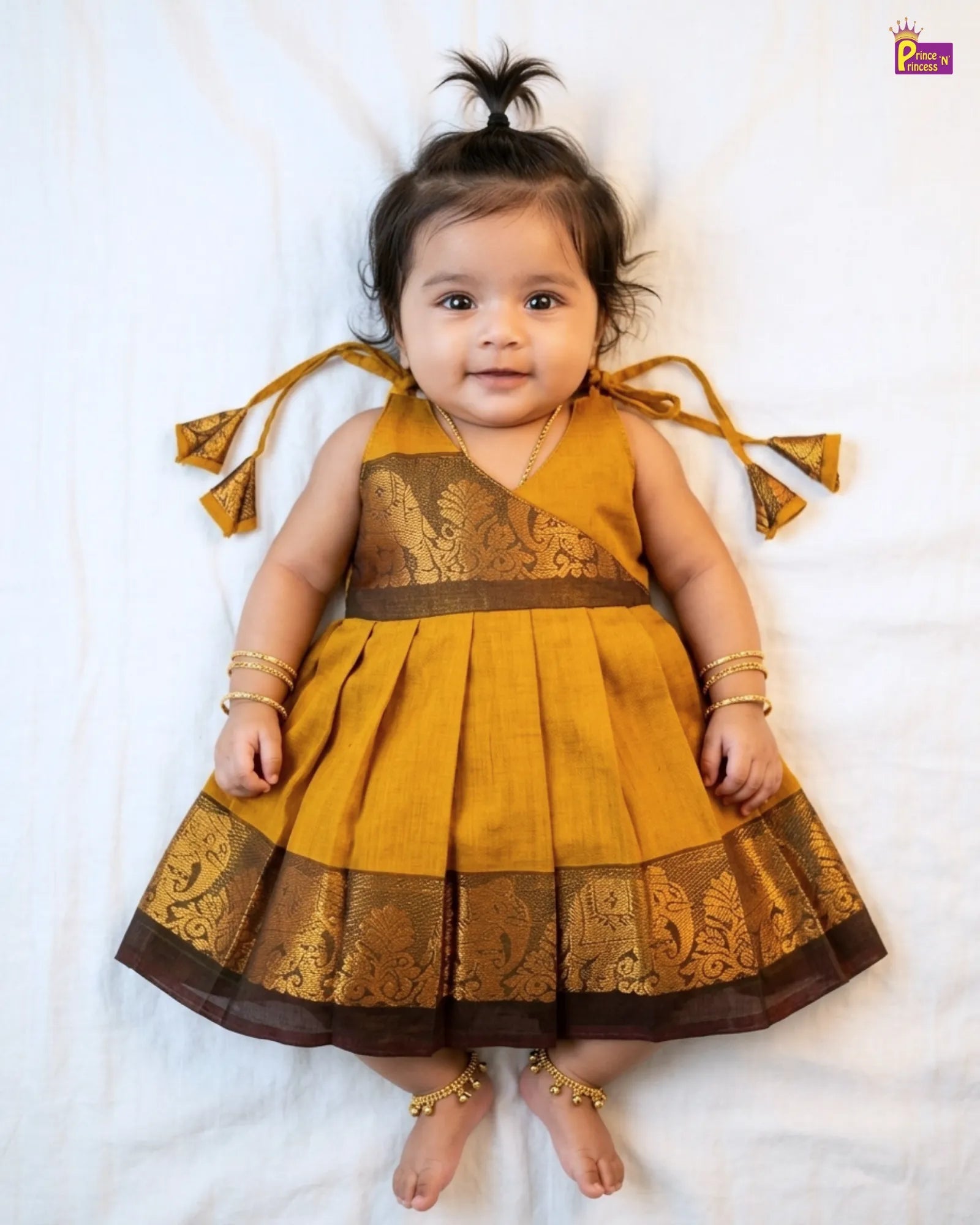 newborn yellow dress Mustard Baby Girl Eyelet Set Newborn There is a removable bow on the back of the waistband Mustard Yellow Chettinad Cotton Pattu