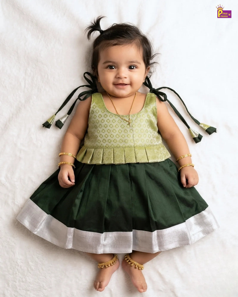 Newborn Baby Girl Olive Green Peplum Pattu Frock – Silver Border Dress LF2002 for kids festival wear