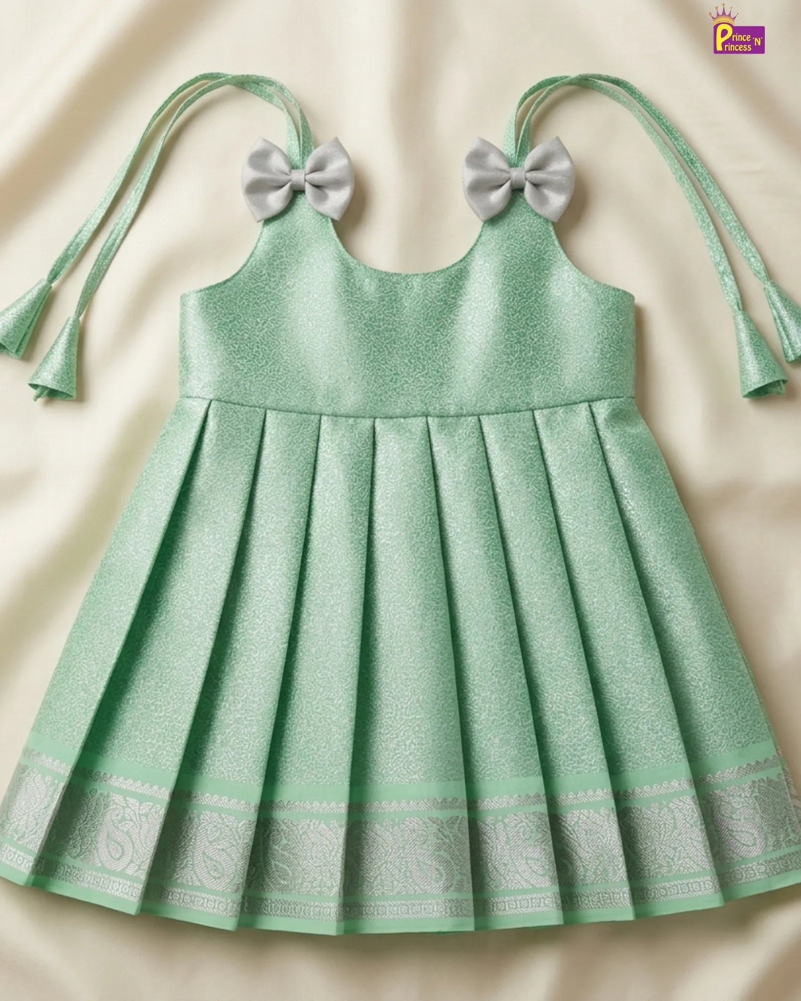 Newborn Baby Girl Pastel Mint Green Silver Silk Pattu Frock – Kanjivaram Soft Silk LF1950 for kids festival wear