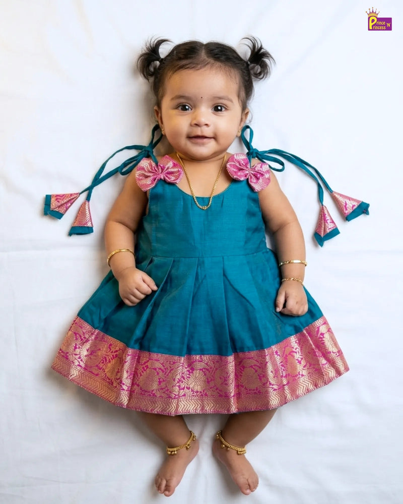 Newborn Baby Girl Rama Blue Chettinad Cotton Pattu Frock – Pink Gold Border Dress LF2025 for kids festival wear