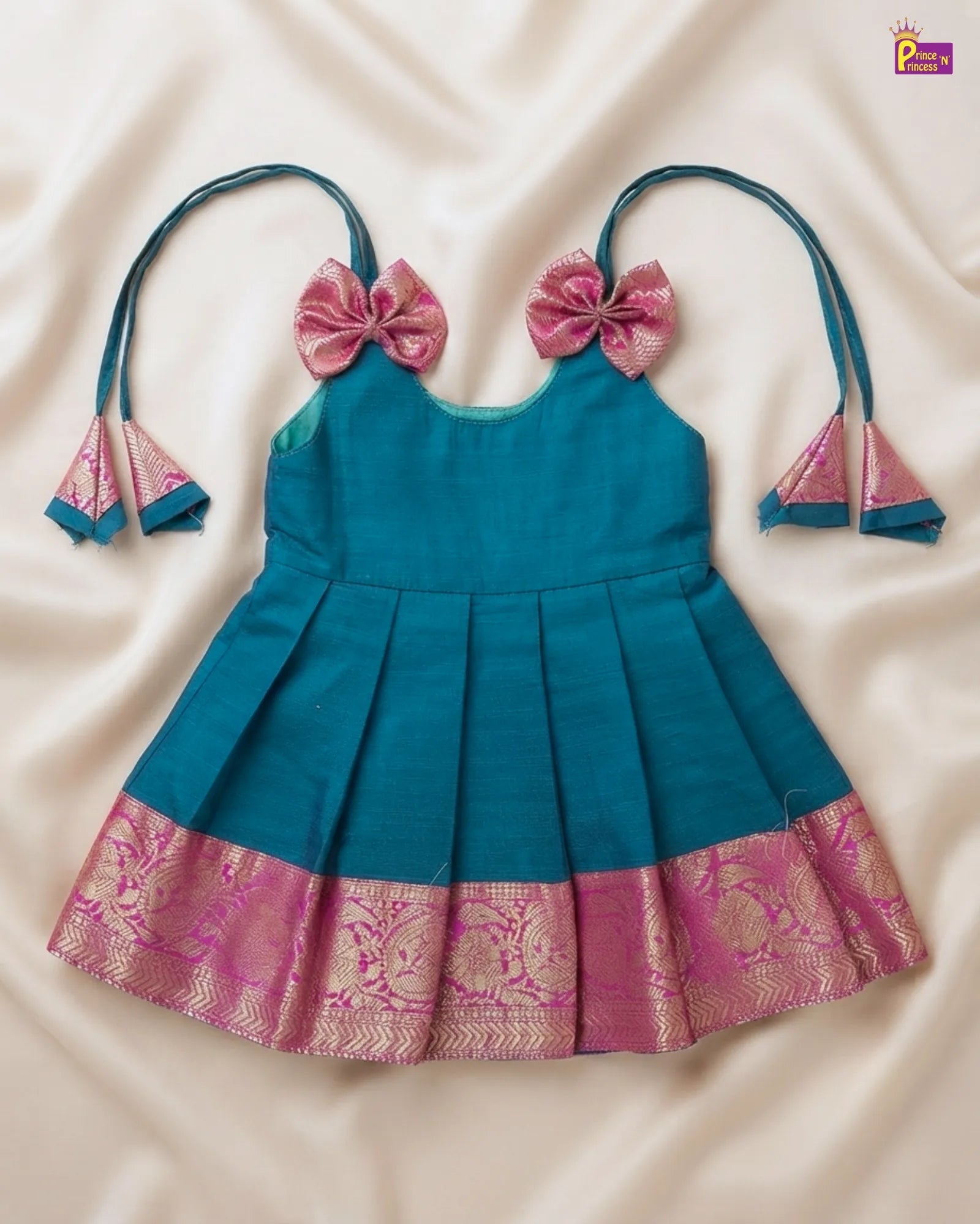 Newborn Baby Girl Rama Blue Chettinad Cotton Pattu Frock – Pink Gold Border Dress LF2025 for kids festival wear