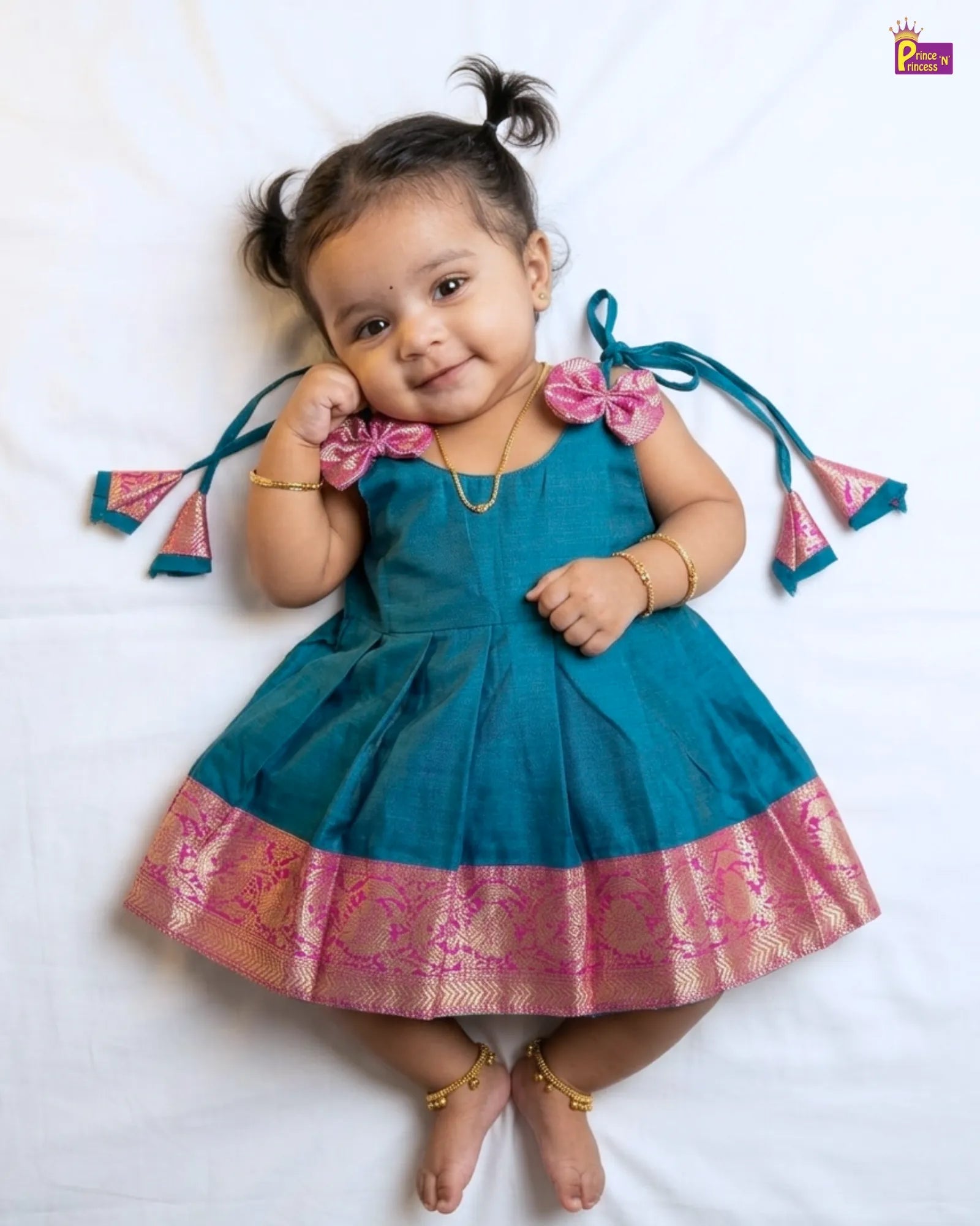 Newborn Baby Girl Rama Blue Chettinad Cotton Pattu Frock – Pink Gold Border Dress LF2025 for kids festival wear