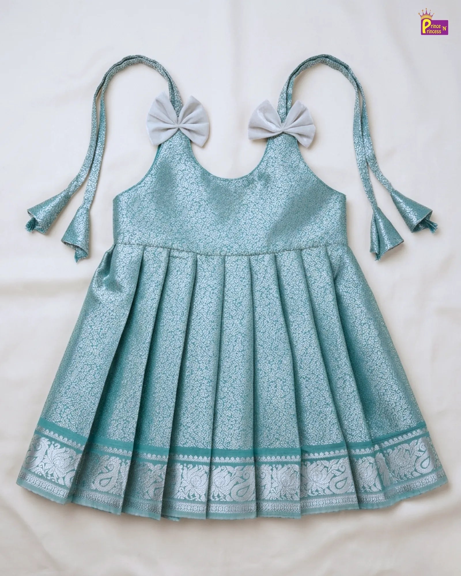 Newborn Baby Girl Sea Green Kanjivaram Pattu Frock – Silver Bow Naming Dress LF1996 for kids festival wear