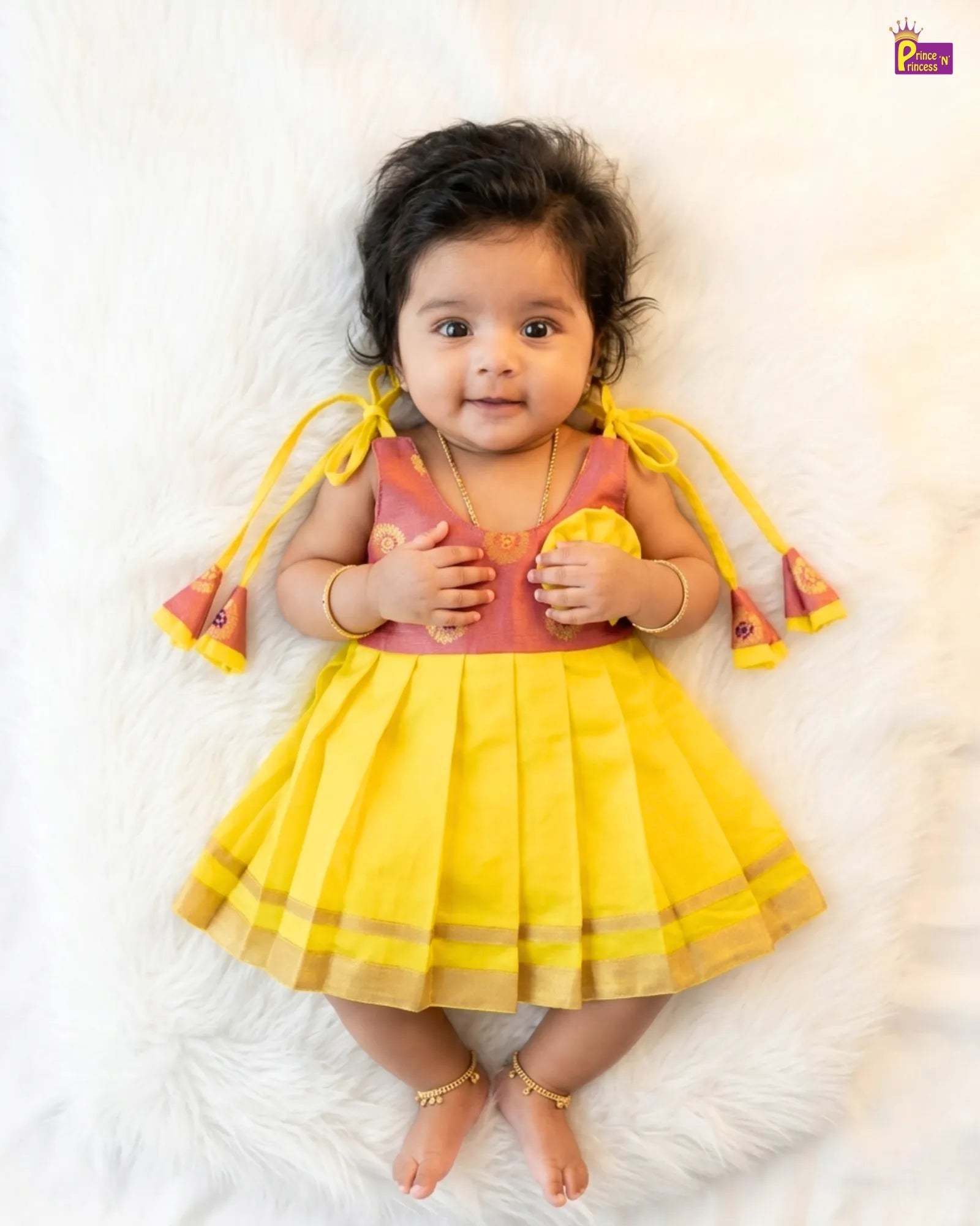 Newborn Baby Girl Yellow Pattu Frock – Pink Floral Gold Border Naming Dress LF1996 for kids festival wear