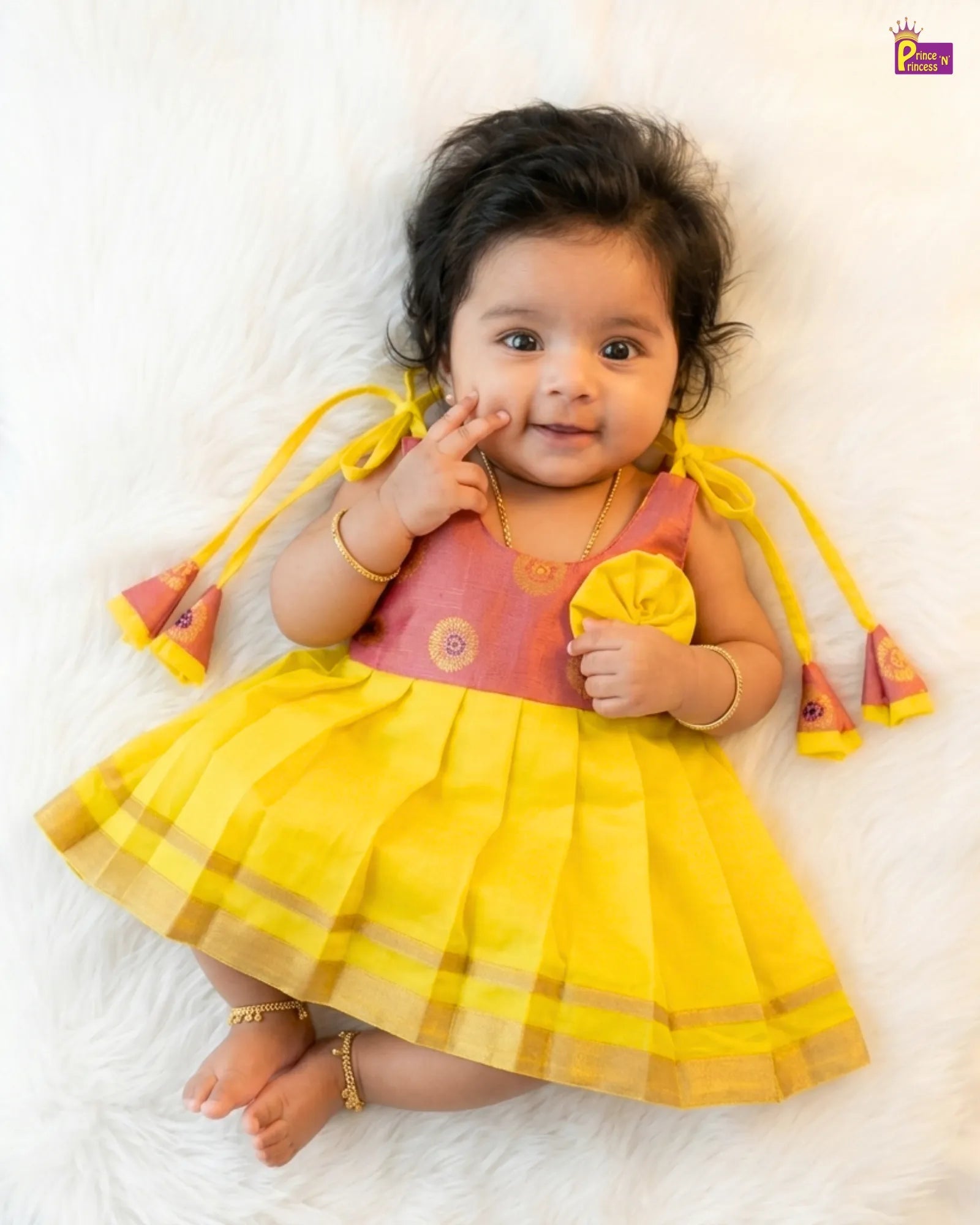 Newborn Baby Girl Yellow Pattu Frock – Pink Floral Gold Border Naming Dress LF1996 for kids festival wear
