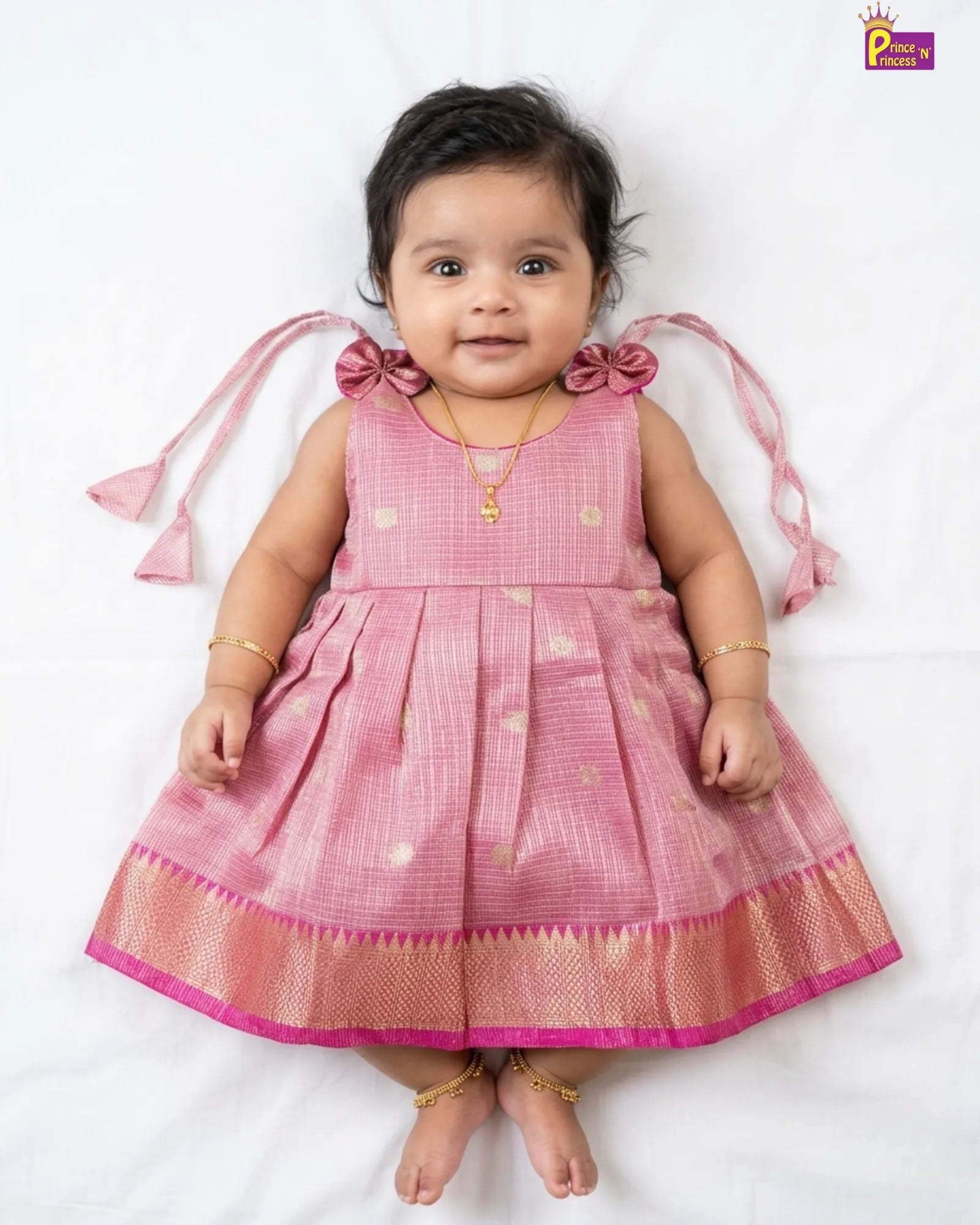Newborn Full Pink Shade Bow Tissue Silk Pattu Frock LF1912 for kids festival wear