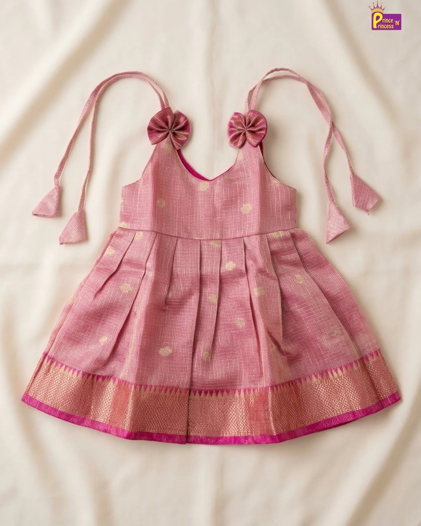 Newborn Full Pink Shade Bow Tissue Silk Pattu Frock LF1912 for kids festival wear