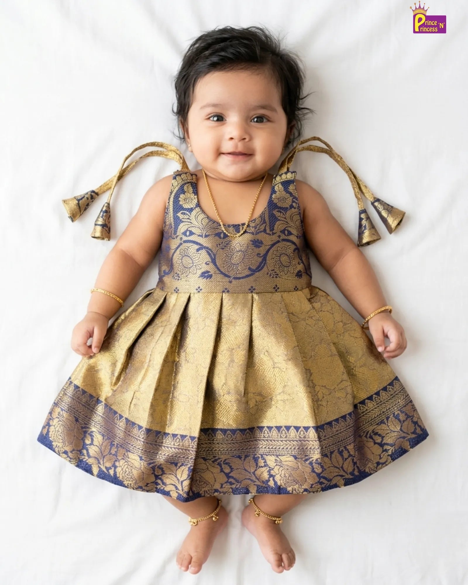 Newborn Golden Blue Banarasi Silk Pattu Frock Newborn Mottai Ceremony Dress - LF1878 for kids festival wear