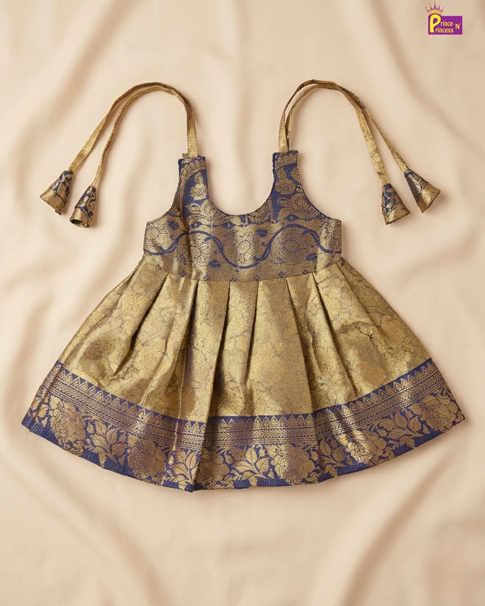 Newborn Golden Blue Banarasi Silk Pattu Frock Newborn Mottai Ceremony Dress - LF1878 for kids festival wear