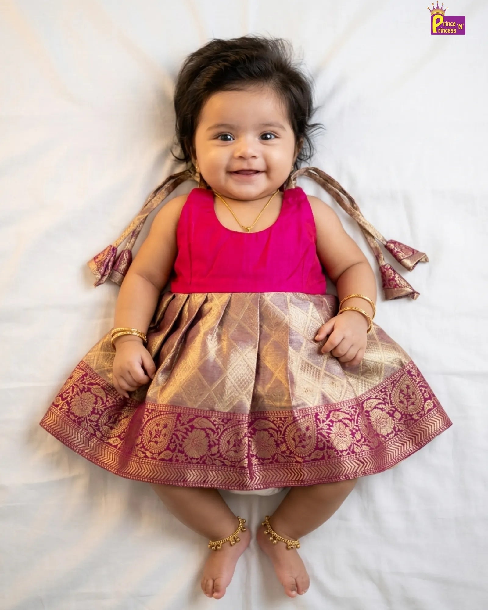 Newborn Golden Pink Banarasi Silk Pattu Frock - Naming Ceremony Dress LF1875 for kids festival wear